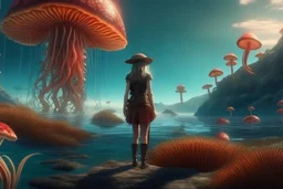 woman standing on the shores of an alien world, with mushrooms with jellyfish tentacles, floating in the air, photorealistic, Detailed Matte Painting, Deep Colour, Fantastical, Intricate Detail, sunshine