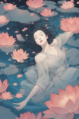 woman floating in glowing water, top view, night time, lotus floating in water, freedom, bust up, sense of liberation, concept art, art by james jean, takato yamamoto, 4k, concept art, illustrative