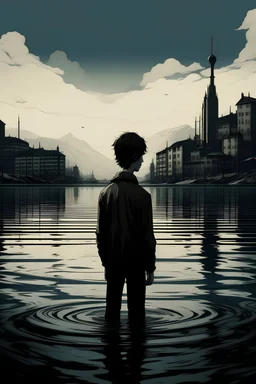 Art poster for a book about the city of Geneva. Dystopian fiction. No words. A 20 year old male is standing in the lake. He has dark messy hair.