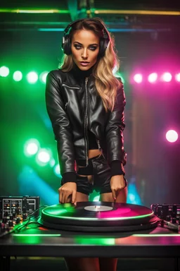 Real Photography super model beautiful woman, good body,wearing clothes jacket and short dress leather body suit with headphones playing music on a turntable, dj rave party disco club