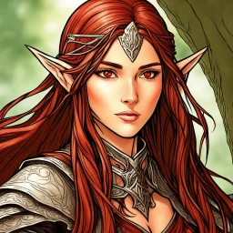 A confident high elven woman adventurer with long brown hair, intense red eyes, colored manga style, fantasy setting, intricately detailed