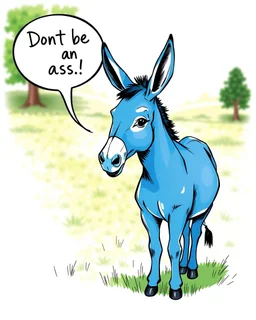 3D Sketch style, ink, modern aesthetic, elegant and abstract image of a blue, anthropomorphic donkey, with big ears, with a speech bubble that says "Don't be an ass!". The donkey is standing in a lush green field with some trees.