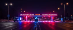 a realistic holographic russian military checkpoint projected by the street lights