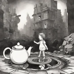 A teapot is shining and a laughing child is looking at it. The child’s image is reflected inside the teapot and behind the child is the reflection of a destroyed city.