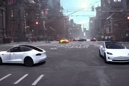 A Tesla 'Model Y' is racing at top speed, near the 'Pier 11' in Manhattan. (CINEMATIC, WIDE ANGLE LENS, PHOTO REAL)