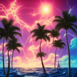 1980's vaporwave aesthetic palm trees with lightning with solar eclipse in the ocean waves sunset