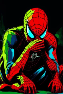 a vivid color of Spiderman sulking