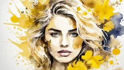 on old yellow, torn paper a watercolor portrait of a blonde woman, blots, splashes, flowers, leaves, branches,