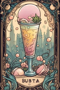 art nouveau style bubble tea drink in tarot card form