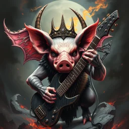 make a Album cover, death metal, and a big evil swine with guitar, the band name is Optimus Primus