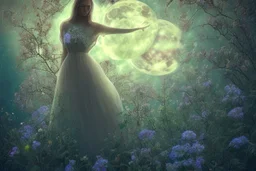 double exposure, merged layers, praying woman silhouette in backlit, glass and gemstone moonflowers bathing in the light from a full moon, rocks, water, amazing night sky, glowing flowers, vines, large stars highly detailed extremely detailed fantasy photorealistic beautiful high detail award winning hyperrealistic ultra detailed high definition crisp quality Jacek Yerka Ultra realistic Dominic Davison