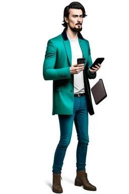 Modern guy, 20s, "holding ipad in left hand", looks like a "renaissance painting look", walking forward, full body, "persian green jacket", blue pants, "right hand pointing to the ground". "Front facing" "forward view" white background