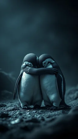 ,surrealism of the dark of a nightmare , hyper photorealistic, hyper detailed bright art color, high resolution, fog, octane render, tilt shift, HDRI Environment, all pictures dark gray, 2 sad penguins hugging each others