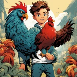 Ilustración estilo cómic de un niño con un gallo gigante calidad ultra