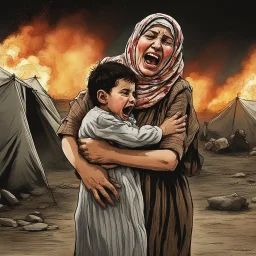 A Palestinian woman wearing the Palestinian dress carries her dead son as she screams and cries at night, with explosions in refugee tents behind her.