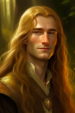 A young serene Lord Of The Rings like man with long golden hair that cascades gracefully. His open eyes, with blind pupils, reflect a depth of wisdom and inner peace. A gentle smile graces his face, adding warmth to his tranquil demeanor.