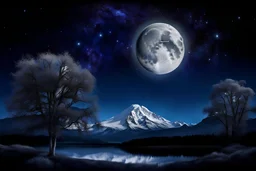 an (BIG perfect circe silver moon) on ((dark blue sky 1,2)) with nebula, stars, national geographic, nasa style