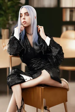 Billie Eilish, sitting on a chair, Black Short Dress, high detail, realistic, 8k