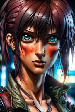 Revy from Black Lagoon, Photorealistic eyes, head and shoulders, 8k resolution photorealistic portrait by Greg Rutkowski, Artgerm, WLOP, Alphonse Mucha, dynamic lighting, hyperdetailed, intricately detailed, triadic colors, realistic eyes, normal eyes, photography, 50mm lens, portrait, close-up