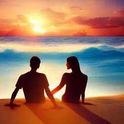 2 lovers watching the sunset sitting in the sand on a sand island