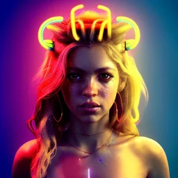 Shakira, artist, 30 years old, Realistic image, waist up portrait, etro style dress. Blonde, feathers, loose long hair, eyes make up, perfect, glow, circle iris. Neon colors, leds, geometric shapes. Dark background, photo studio, neon lights. Cyberpunk, concept art, smooth, unreal engine 5, god lights, ray tracing, RTX, lumen lighting, ultra detail, volumetric lighting, 3d, finely drawn, high definition, 4k.