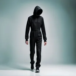 man in black jumpsuit with obscured face walking to the side sideways left