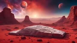 a giant ancient abstract marble statue lies down on the red Mars planet, background ancient ruins, strange psychedelic sky, cold colors, mystic ancient art, very detailed, cinematic, sharp focus, sci-fi style, utopistic ,astral cosmic , masterpiece