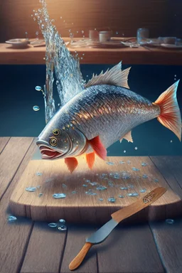 a 3d rendering of a beautifull genious fish with hands and fingers, down in the sparkly water, producing a wooden table and a big knife