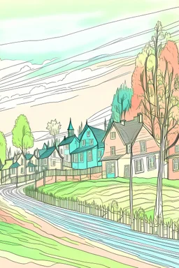 cu linii color balpoint reprezentând un peisaj pastel cu oameni , case si copaci, in culori