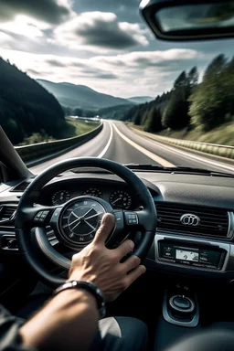 Generate a lifestyle image showcasing an Audi watch being worn by an individual driving an Audi vehicle through a scenic, winding road, illustrating the seamless integration of Audi watches into the Audi driving experience."