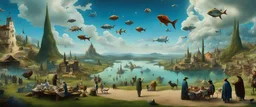 Salvador Dali and Hieronymus Bosch talking to each other at an outdoor surrealist market. A herd of dream-like sky-fish swim high in the far distant sky, with a beautiful surreal outdoor countryside summer scene with hills, waterfalls, and an intricate fractal sky, very high detail, photorealistic, epic cinematic, 8K, Large depth of field