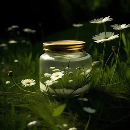 A stunning cinematic photo capturing the harmony between nature's beauty and the elegance of a simple glass jar. The pristine jar, with a standard lid and an unadorned white label, sits empty against a lush, artistic backdrop of vibrant green foliage and delicate wildflowers. The lack of shadow enhances the serene atmosphere, while the juxtaposition of the jar's simplicity and the intricate background creates a visually appealing and tranquil scene. the jar is empty.