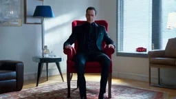 matrix, neo sitting on red old skinny chair, in the room from the movie, chooses red or blue pill, given to him from morpheus,