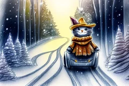 Cute little happy cat scarecrow riding a luxury car, forest path background, winter, snowflakes swirling, waterfall, reflection, mist, sunrise, smooth intricate photorealistic hyperrealistic high definition beautiful lighting pencil sketch watercolor dramatic lighting storybook illustration polished Deep shadows deep color warm light shiny glitters