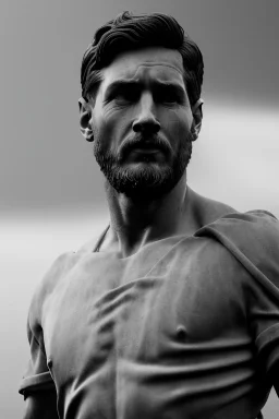 Ultra Realistic image, classical renaissance sculpture, marble material, Lionel Messi, emperor style, chisel style, waist up portrait, epic, celestial, cinematic lighting, God light, god rays, 4k resolution, smooth details, ornate details, soft lighting, unreal engine 5, sky background.