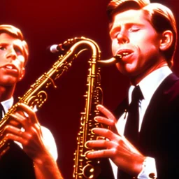 eyes closed REd-haired ron howard is richie from happy days playing the saxophone Reed with his "eyes closed", rock band, Saxophone lip, looking at camera