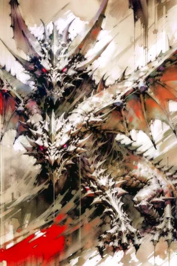 sketch-style painting of a dragon art by Yoji Shinkawa and Valeria Burzo large bats in the background