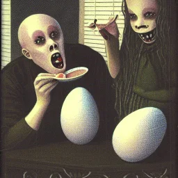 Creepy folk people eating eggshell