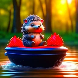 cute blessed freedom statue hedgehog robot jumping in a rubber boat in the river,catching a big fish in a river stream, 8k, downlight, soft light, depth of field, photorealism, trending on art station, lotsa detail