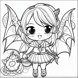 create a 2d black outline, " kawaii devil girl with bat wings coloring book for kids", coloring page, low details design, black contour, coloring page design, colorful , card style, coloring page for kids, halloween backgorund,sketch style,