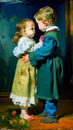 Side profile of a baby girl with her Cibeles aspirations behind her standing . Holding her brother hugging with love and compassion ,Opulent Van Gohn style painting,