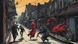 Creatures from 'Fiend without a face' chasing a woman down a street, detailed design, deep colour