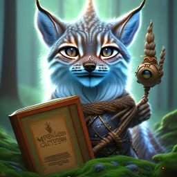 upper body of cute tall lynx wizard with big eyes holding dwarf miner gear , wood and rope bridge in magical forest, spray painting, autumn foliage frame, fantasy art , sun,book cover, Realistic photography, incredibly detailed, ultra high resolution, 8k, complex 3d render, cinema 4d, color corrected