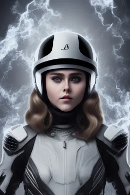 All Black racing suit AnnaSophia Robb, portrait, ghost mask, wearing high tech racing helmet, white smoke, dark, rage, sorrow, high definition, ultra 8 k, volumetric lighting, blue fire, fog