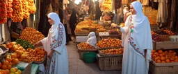 A full-length Palestinian girl wearing an embroidered dress and a white embroidered shawl buys oranges from an old seller wearing a keffiyeh in the market of Jerusalem, 100 years ago, at night with multi-colored lights reflecting on her.