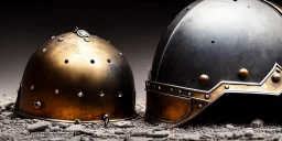 apocalypse, chaotic, magnificent, realistic, colorful, massive, epic, ray tracing, cinematic, 8k, HD, Ultra High Definition, photo film, film grain, hyper-detailed, old rusty Hyper detailed Medieval Knights helmet on ground