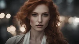 Photoreal ultra gorgeous and beautiful, radiant goddess of love and beauty with red wavy hair hovering in the darkness by lee jeffries, otherworldly creature, in the style of fantasy movies, shot on Hasselblad h6d-400c, zeiss prime lens, bokeh like f/0.8, tilt-shift lens 8k, high detail, smooth render, unreal engine 5, cinema 4d, HDR, dust effect, vivid colors