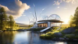 4125. Innovative modern environmentally-friendly home, wind turbines, solar panels, water wheel in river, insulation, scientific experiment, home of the future, automated, spectacular, futuristic, beautiful lighting, attractive composition, photorealistic, extremely detailed, chiaroscuro