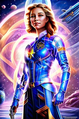 cosmic young woman admiral from the future, one fine whole face, large cosmic forehead, crystalline skin, expressive blue eyes, blue hair, smiling lips, very nice smile, costume pleiadian, rainbow ufo, Beautiful tall woman pleiadian Galactic commander, ship, perfect datailed golden galactic suit, high rank, long blond hair