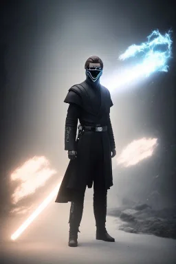 All Black Anakin Skywalker soldier, ghost, wearing high tech mask, white smoke, dark, rage, sorrow, high definition, ultra 8 k, volumetric lighting, blue fire, fog